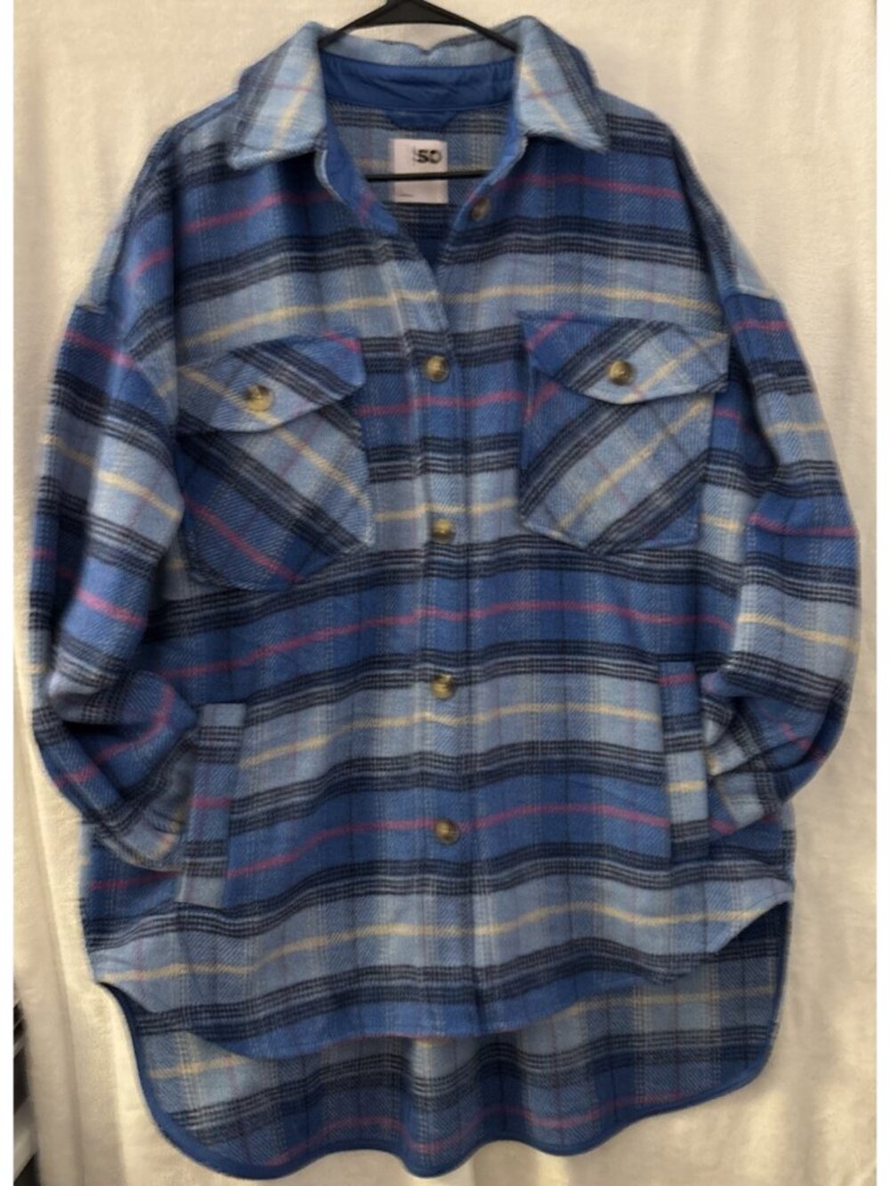 Kohl's SO Blue/Pink Plaid Shirt Jacket Women's Large Oversized Shacket NWT